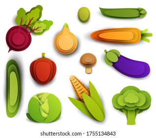 Colección de verduras de iconos de caricatura en el estilo de corte de papel de capa aislado en el fondo blanco. Cebolla, pepino, zanahoria, maíz, col, berenjena, brócoli, campeón, remolacha, pimiento, aceitunas, guisantes.