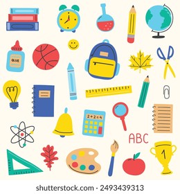 Collection of a cartoon icons. Back to School design. Vector illustration