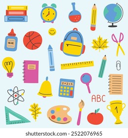 Collection of a cartoon icons. Back to School design. Vector illustration