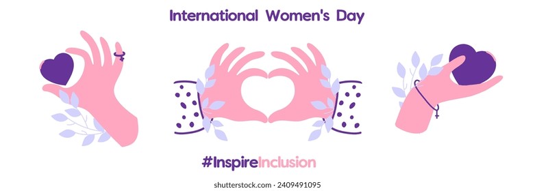 A collection of cartoon icons for International Women's Day 2024 - March 8. Stylized symbols of the #InspireInclusion movement. Hands in the shape of a heart, a heart in your hand. Vector illustration