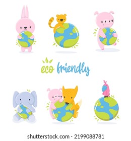 Collection Cartoon illustration of an animals with earth in support of ecology. save the planet for design, books, print, design, poster, greeting card, postcard