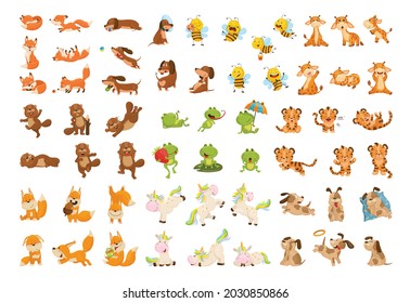 Collection of cartoon illustrations with animals performing different actions. Colorful cute characters.