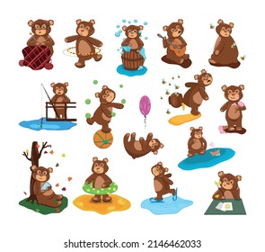 Colección de ilustraciones de caricaturas con osos realizando diferentes acciones. Carácter lindo y colorido.
