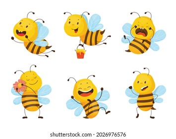 Collection of cartoon illustrations with bee performing different actions. Colorful cute character.