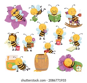 Colección de ilustraciones de caricaturas con la actuación de las abejas. Carácter lindo y colorido.