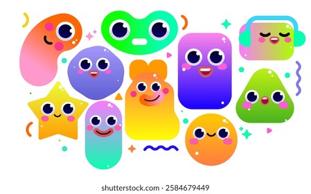 collection of cartoon illustrations of cute monster characters. cute minimalist design vector illustration with happy expression. design elements for kids