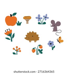 Una colección de ilustraciones de dibujos animados con un erizo, un ratón y varias flores y frutas en un entorno caprichoso