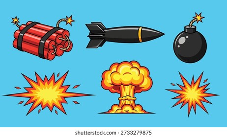 A collection of cartoon illustrations featuring various types of explosives and the resulting explosions, set against a blue background.