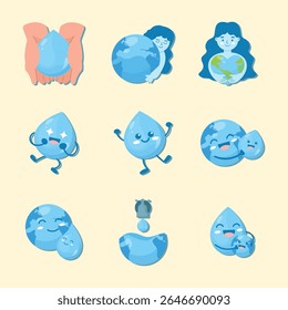 Coleção de ilustrações de desenhos animados com gotas de água e globos, projetados para promover temas de conservação da água.  As ilustrações retratam gotículas de água em várias ações, 
