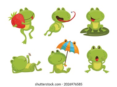 Collection of cartoon illustrations with frog performing different actions. Colorful cute character.