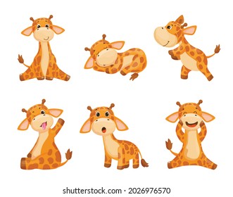 Collection of cartoon illustrations with giraffe performing different actions. Colorful cute character.