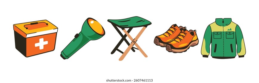 Collection of cartoon illustrations of hiking and camping equipment including a first aid kit, flashlight, folding stool, hiking boots, and a jacket.