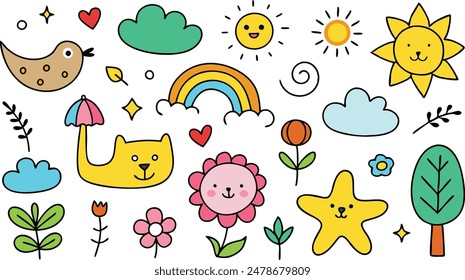 Collection of cartoon illustrations including rainbows, flowers, and sun.