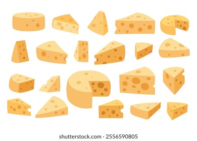 A collection of cartoon illustrations showing various shapes and sizes of cheese pieces.