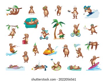 Collection of cartoon illustrations with sloth performing different actions. Colorful cute character.