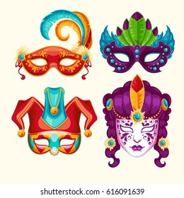 Collection of cartoon illustrations of venetian painted carnival facial masks for a party decorated with feathers and rhinestones isolated on a light background