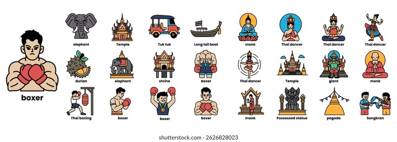 A collection of cartoon images of people and animals, including a man in a boxing ring, a man holding a boxing glove, and a man holding a boxing bag