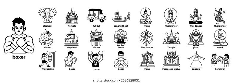 A collection of cartoon images of people and animals, including a man in a boxing ring, a man holding a boxing glove, and a man holding a boxing bag in line drawing style