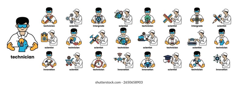 A collection of cartoon images of technicians. The images are of various types of technicians, such as a doctor, a mechanic, and a scientist. Scene is lighthearted and playful