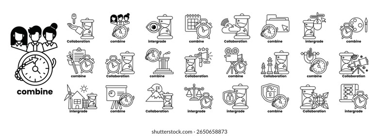 Uma coleção de imagens de desenho animado com a palavra "combin" na parte inferior. As imagens incluem relógio, pessoa com mochila, pessoa com celular, pessoa com livro, pessoa com computador