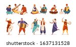 Collection of cartoon indian street artists vector flat illustration. Set of smiling people musicians and dancers isolated on white background. Characters in traditional dress playing instruments
