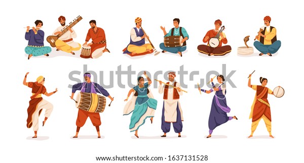 Collection of cartoon indian street artists\
vector flat illustration. Set of smiling people musicians and\
dancers isolated on white background. Characters in traditional\
dress playing\
instruments