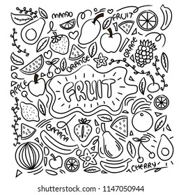 Collection of cartoon juicy fruits and berry. Vector illustration. Set of colorful fruit and berries. Fruit hand drawn in doodle style.