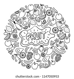 Collection of cartoon juicy fruits and berry. Vector illustration. Set of colorful fruit and berries. Fruit hand drawn in doodle style.