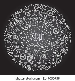 Collection of cartoon juicy fruits and berry. Vector illustration. Set of colorful fruit and berries. Fruit hand drawn in doodle style.