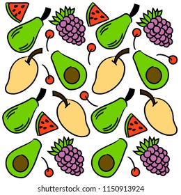 Collection of cartoon juicy fruits and berry. Vector illustration. Set of colorful fruit and berries. Fruit hand drawn in doodle style.