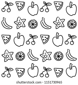 Collection of cartoon juicy fruits and berry. Vector illustration. Set of colorful fruit and berries. Fruit hand drawn in doodle style.