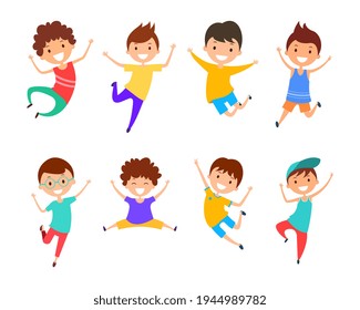 Collection cartoon jumping boys. Joyful children set isolated on white background. Happy boys