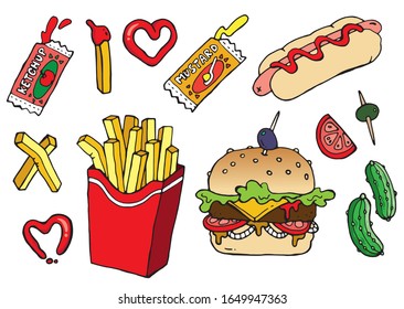 Eine Kollektion von Cartoon Junk Food-Elementen. Vektorillustration. 
