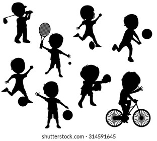 Collection Of Cartoon Kid Silhouettes Playing Different Sports Isolated