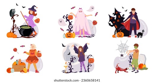 Colección de niños de caricaturas en coloridos trajes de celebración de Halloween. Amigos en una fiesta de truco o de trato. Decoración de carnaval y curvado de calabaza. Las tradiciones nocturnas aterradoras. Ilustración vectorial plana