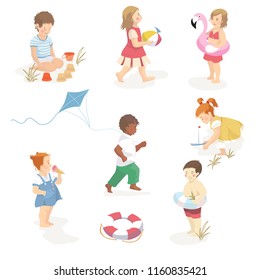 Collection of cartoon kids playing at the beach. Character set. Vector