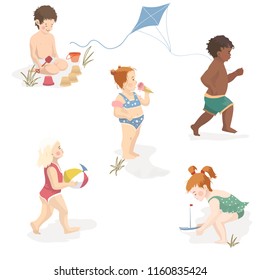 Collection of cartoon kids playing at the beach. Character set. Vector