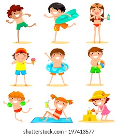 collection of cartoon kids playing at the beach