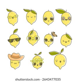 Collection of cartoon lemon characters. Set of cute citrus fruits with faces, kawaii vector illustration.