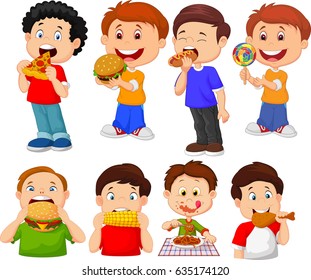 Collection of cartoon little boy eating fast food