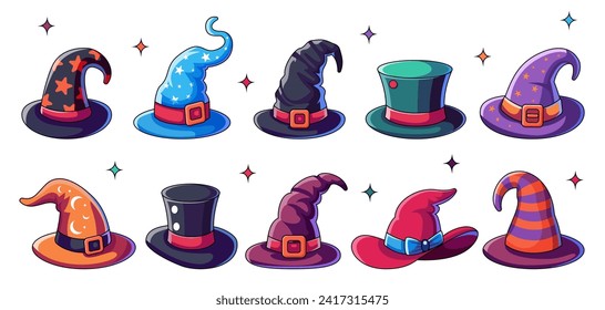 Collection of cartoon magic witch hats. Wizard striped and spooky hats vector illustrations set. Wizard caps for Halloween party costume. Vector cartoon set of fantasy old magician or sorceress hats.