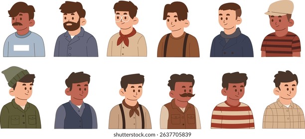 collection of cartoon male portraits with various styles and diverse attire and expressions