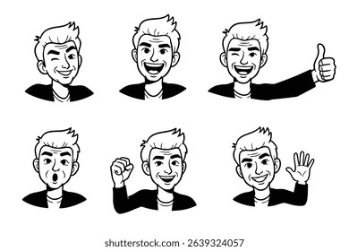Collection of Cartoon Man Faces Showing Various Expressions Happy, Winking, Surprised, and More