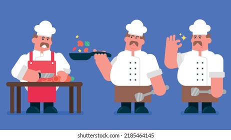 Collection of cartoon man preparing food, restaurant cook chef with hat and cook uniform, chef brings food, preparing meals for dinner, making salad, holding frying pan Flat vector illustration.