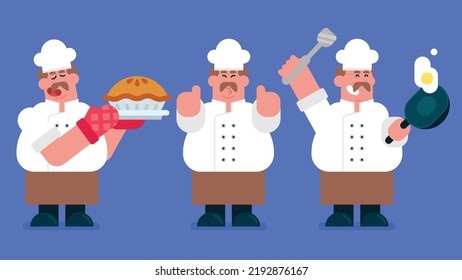 Collection of cartoon man preparing food, restaurant cook chef with hat and cook uniform, chef Fry eggs in a frying pan, Bake a delicious pie, cook make like sign, Flat vector illustration