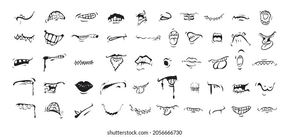 Collection of cartoon meme mouths in sketch style. Emoji for creating stickers, prints.