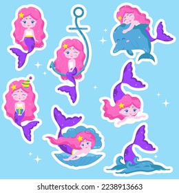 Collection of cartoon mermaid character stickers. Vector