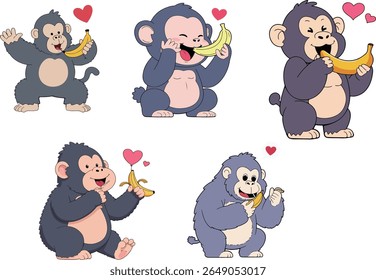 Uma coleção de macacos de desenho curtindo bananas, cada um com um símbolo de coração, colocado sobre um fundo preto.
