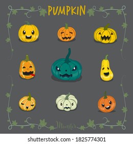 A collection of cartoon monster pumpkin illustrations with vine frame on gray background.