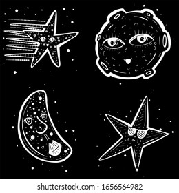 Collection of Cartoon Moon and Star Characters in White and Black Vector Illustrations